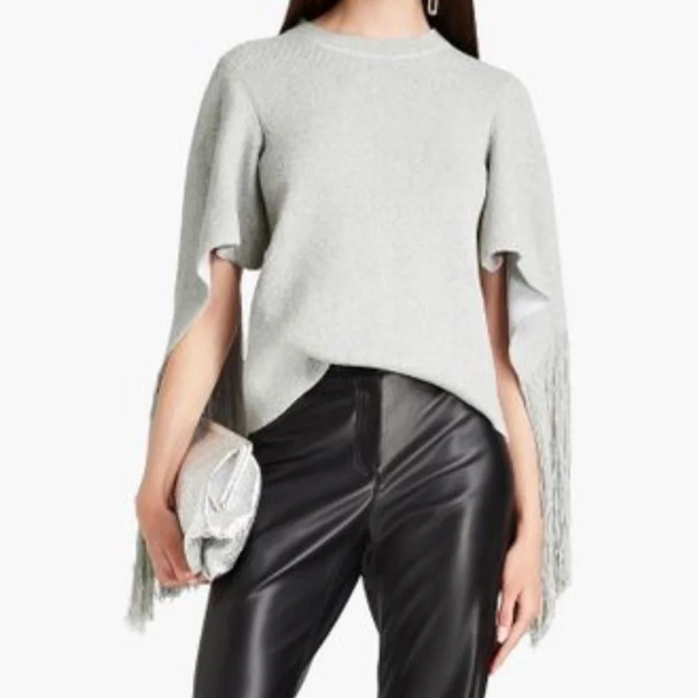 Proenza Schouler Light Gray Fringe Sleeve Knit Sweater